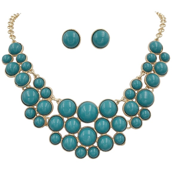 Teal Blue Dot Bib Statement Necklace Earrings Set - Picture 1 of 3